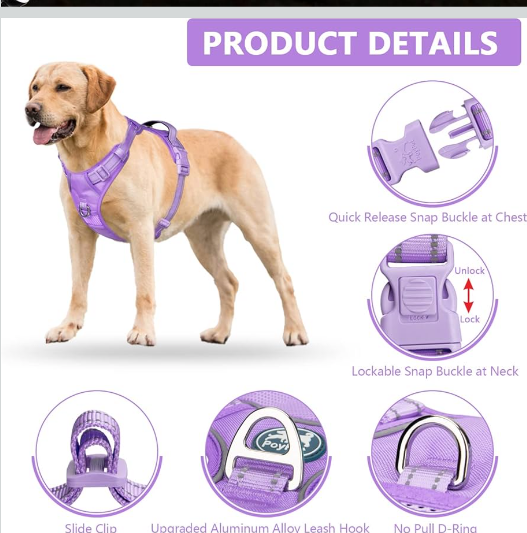 PoyPet No Pull Dog Harness, No Choke Reflective Dog Vest, Adjustable Pet Harnesses with Easy Control Padded Handle for Small Medium Large Dogs(Light Purple Matching Trim,XL)