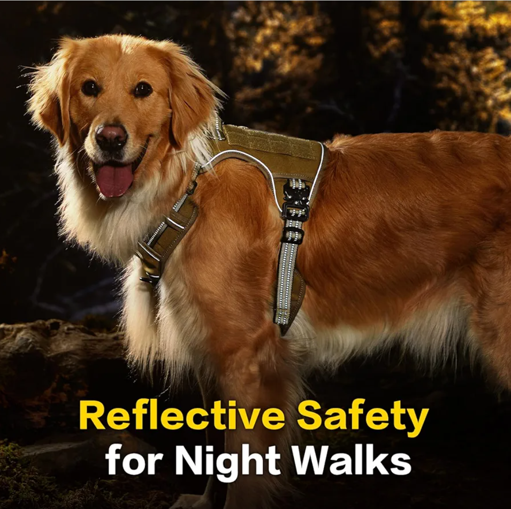 No Pull Dog Harness for Medium Sized Dog, Heavy Duty Tactical Adjustable Pet Harness, Voyager Service Walking Vest Harness with Easy Control Handle Reflective Strip (Sandstone, L))