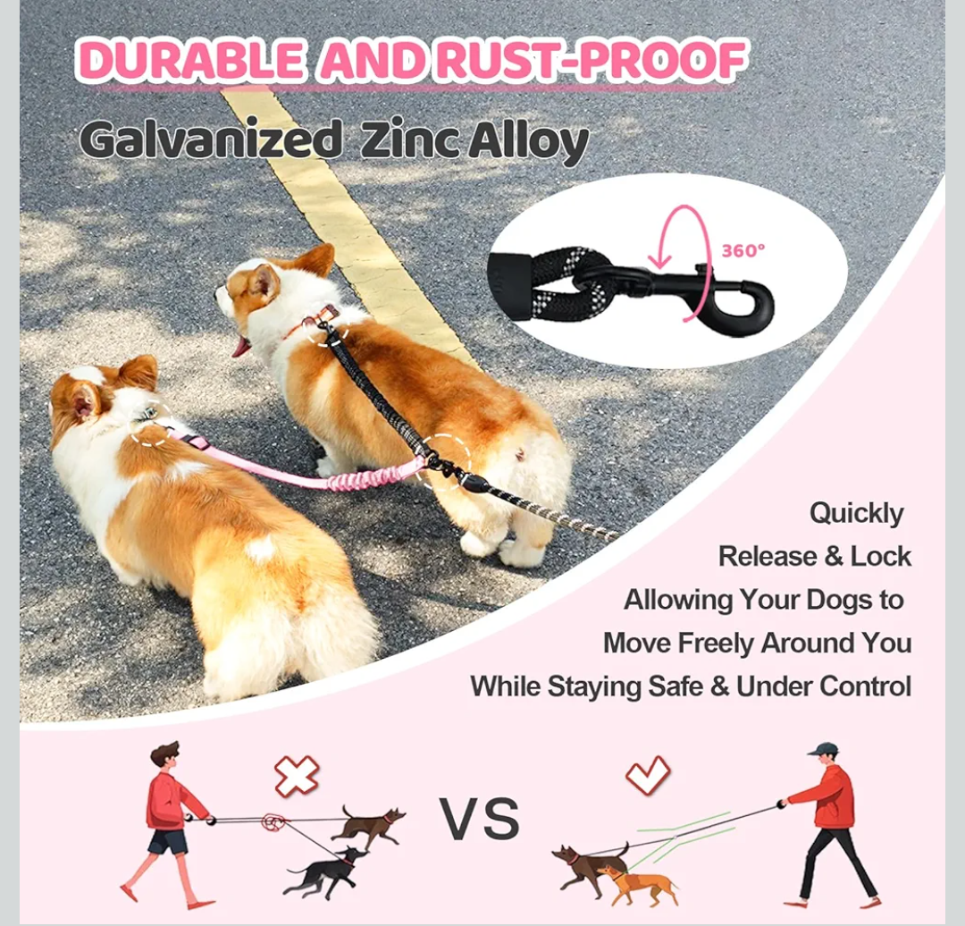 Double Dog Leash - 360°Swivel Tangle Free Splitter Attachment, 2 Dogs Multi-Functional Leashes, Dual Rope for Outdoor Walk Train Small Medium Large Two Pet, Pink