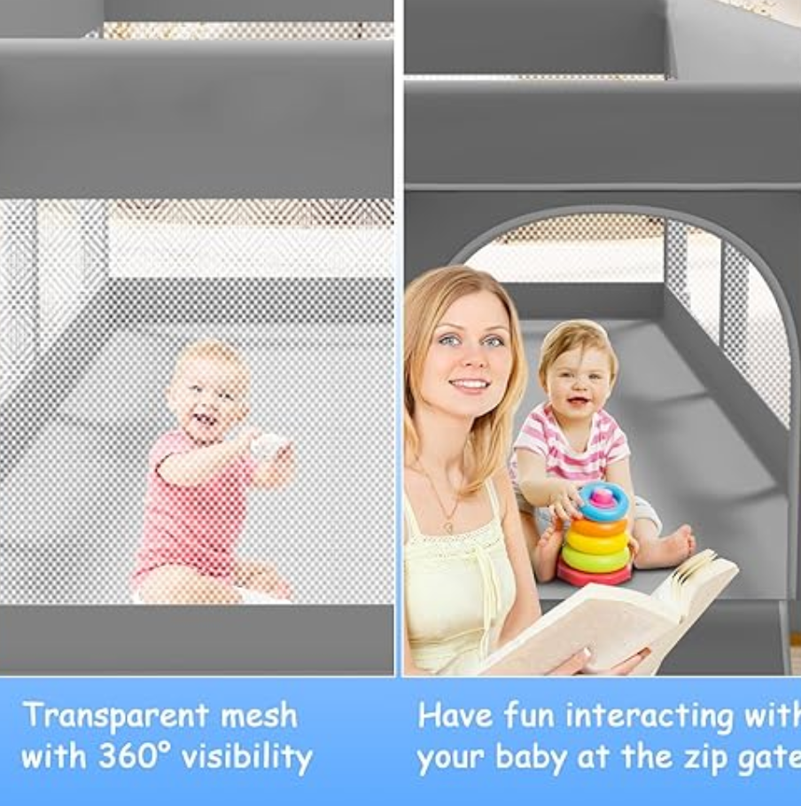 External Zipper Gate, Baby Play Yard with Non-Slip Suction Cups on The Bottom, Baby Fence, Grey