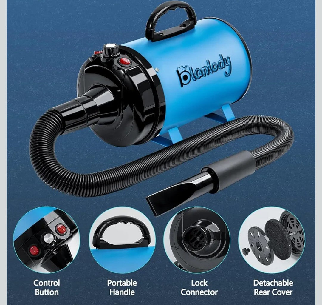 High Velocity Dog Hair Dryer 5.2HP/ 3800W Professional Dogs Blower Grooming Dryer, Adjustable Temperature and Speed Pet Dryers with 4 Nozzles and a Comb, Blue