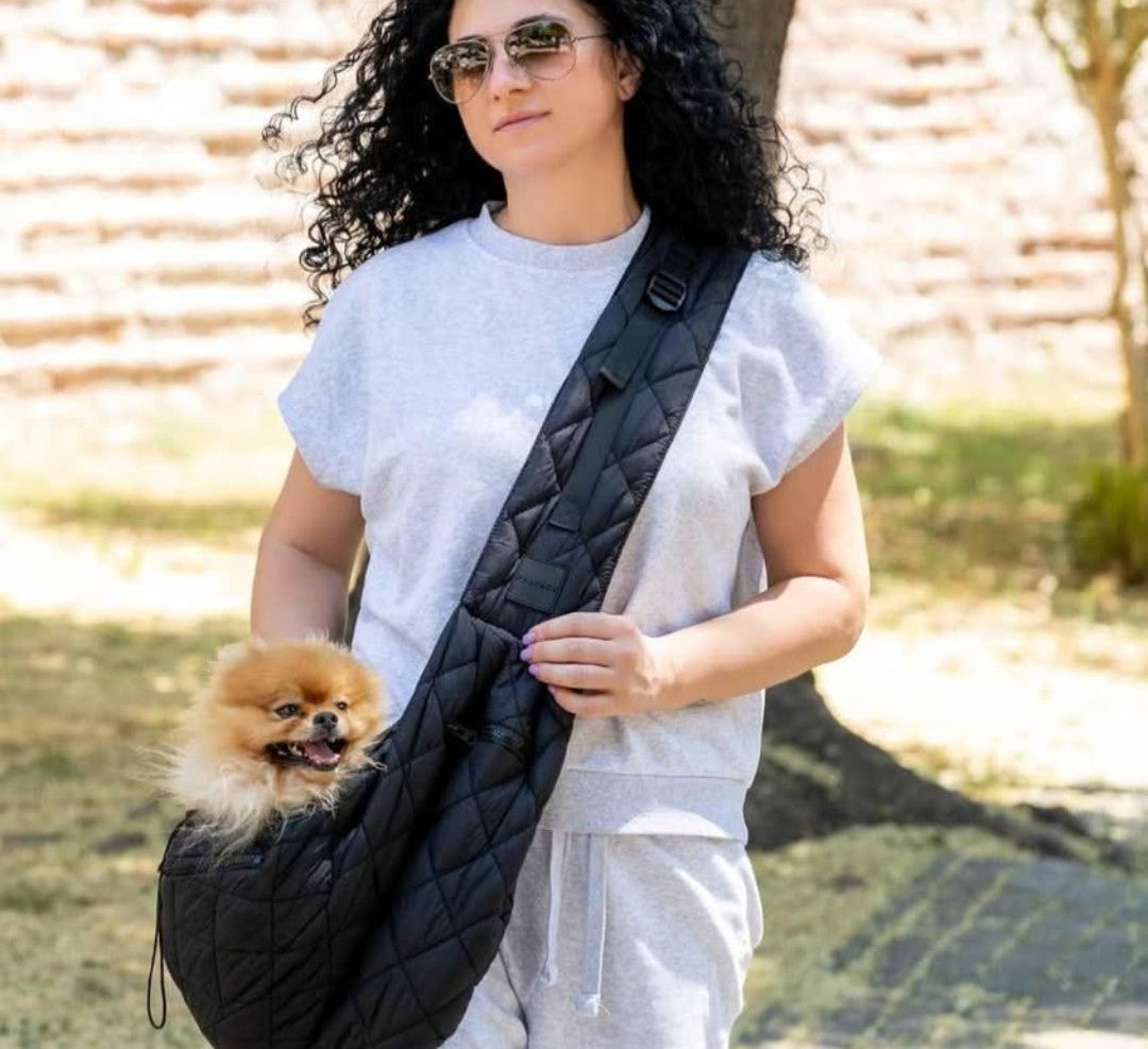 Dog and Cat Sling Carrier for Small Medium Puppy & Kitten Carrying, Wearable Crossbody Purse Bag with Adjustable Size and Shoulder Strap, Safety Clip, Two Zip Pockets (Black)