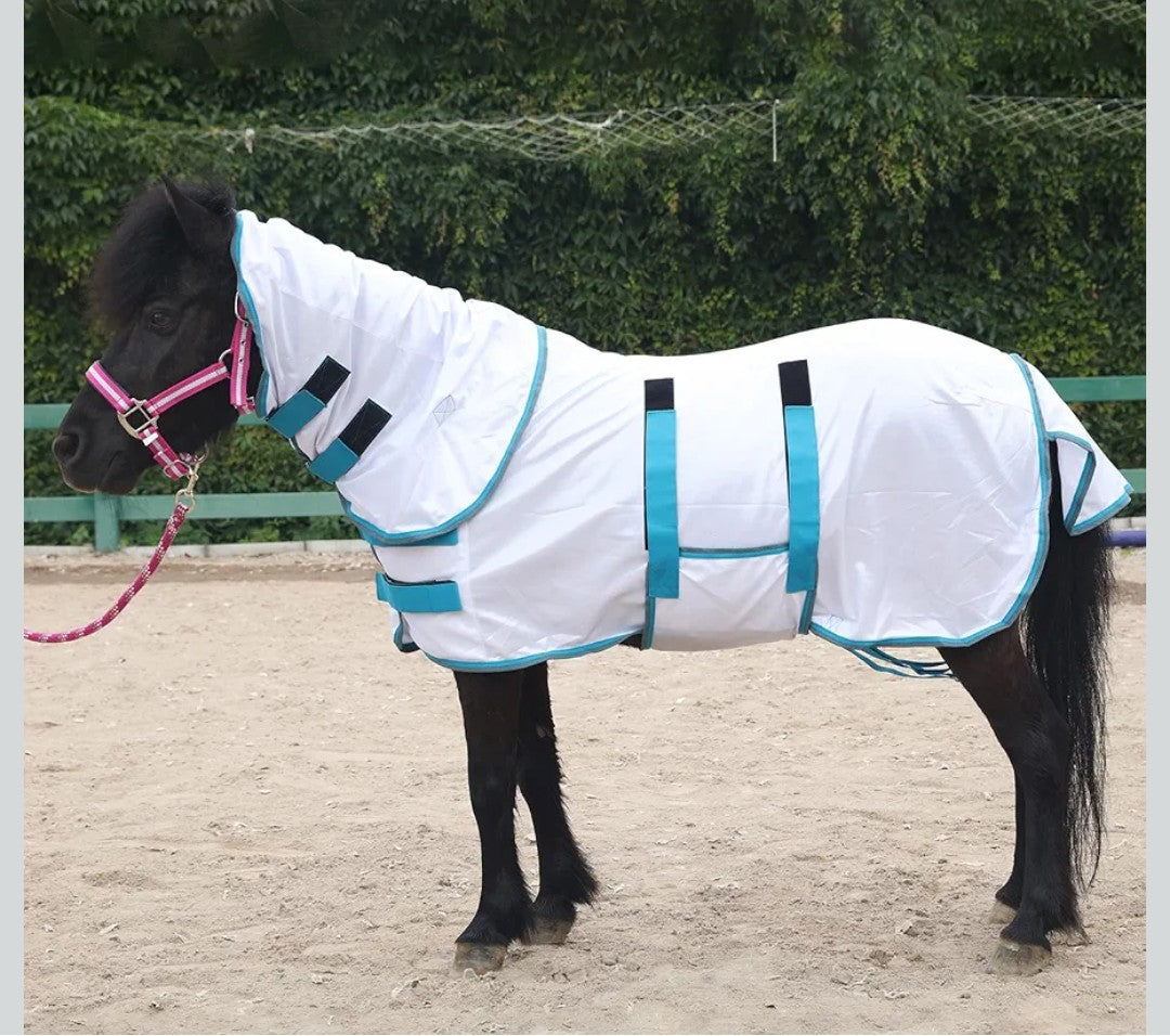Mini Horse/Small Pony/Miniature Donkey Fly Sheet with Detachable Neck Cover and Belly Band - Lightweight Breathable Mesh Summer Sheet for Foal and Weanling with UV Protection White 38