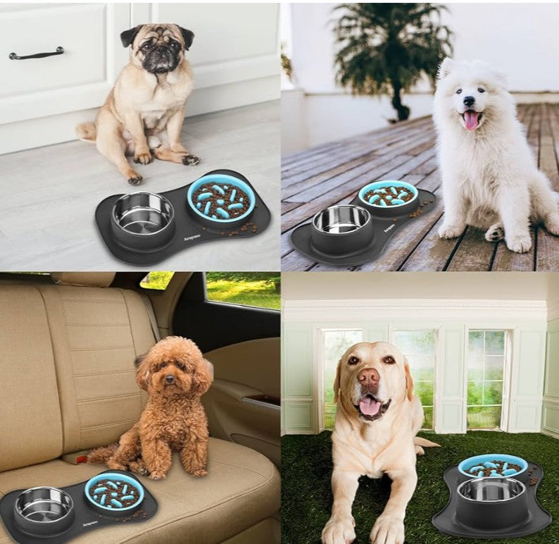 Slow Feeder Dog Bowls 3 in 1 Stainless Steel Food and Water Bowls with Non-Spill and Skid Silicone Mat to Slow Down Eating for Large Medium Small Breed Size Dogs and Cats