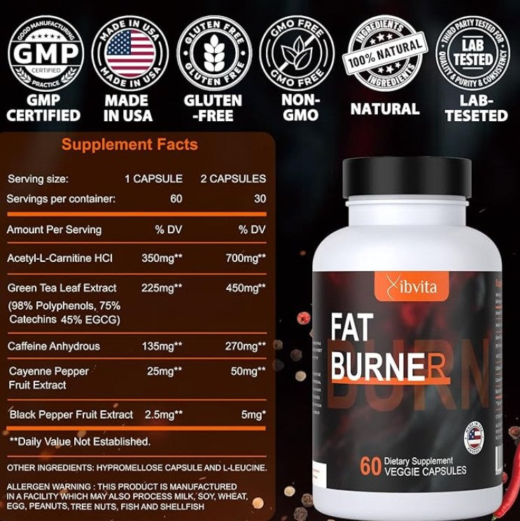 Fat Burner for Men Women - Weight Loss Supplement, Metabolism, Belly Fat Burning with Acetyl L-Carnitine, Green Tea Extract and More, 60 Count