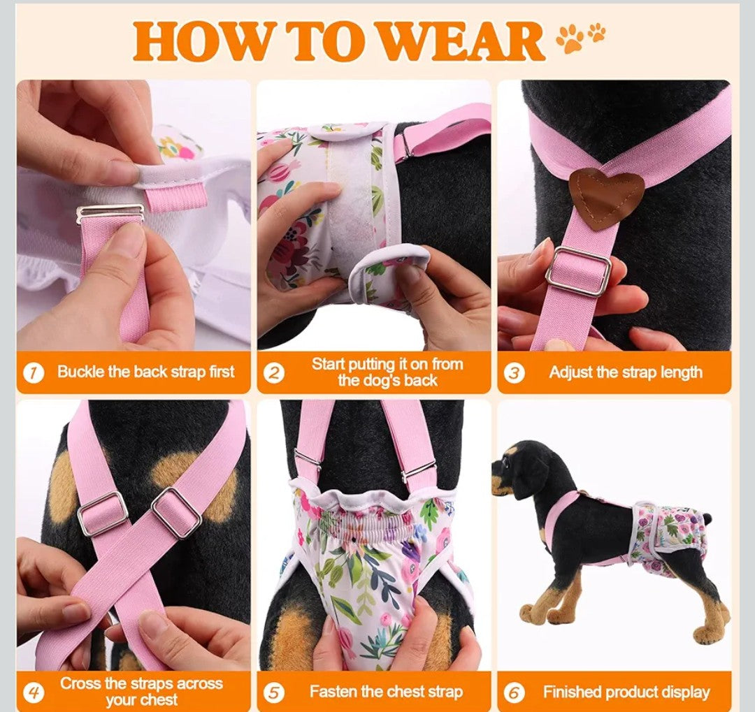 3 Pack Washable Female Dog Diaper with Suspender,Reusable Fixed Doggie Diapers Super Absorbent Leakproof for Small Medium Large Dog in Heat Cycle-M