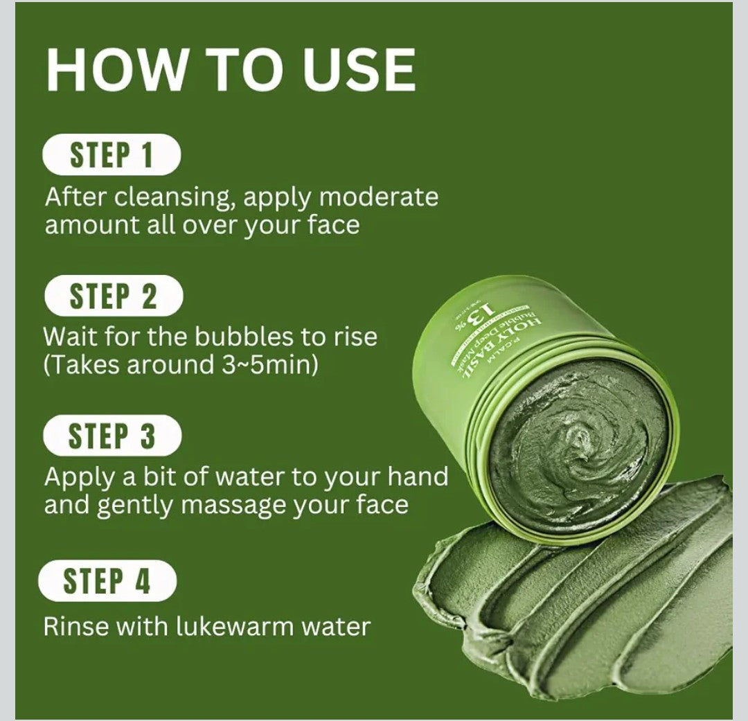 P.CALM Holy Basil Bubble Deep Mask ā Holy Basil & Carbonated Water for Cleansing Pores & Blackheads, Korean Clay to Bubble Wash-Off Pack (90g / 3.17 oz)