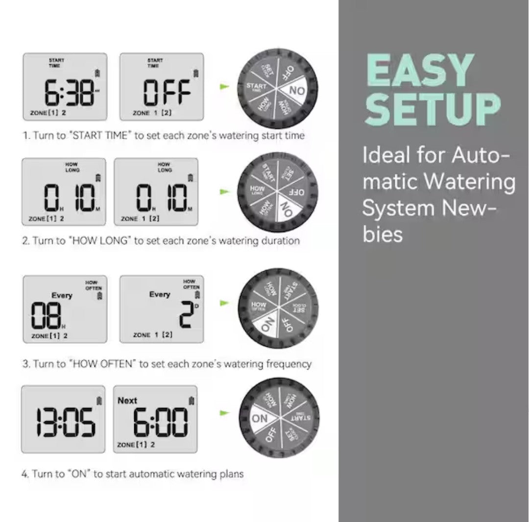 2 Zone Water Timer for Garden Hose-Sprinkler Timer w/ Rain Delay and Manual / Automatic Irrigation Controller System