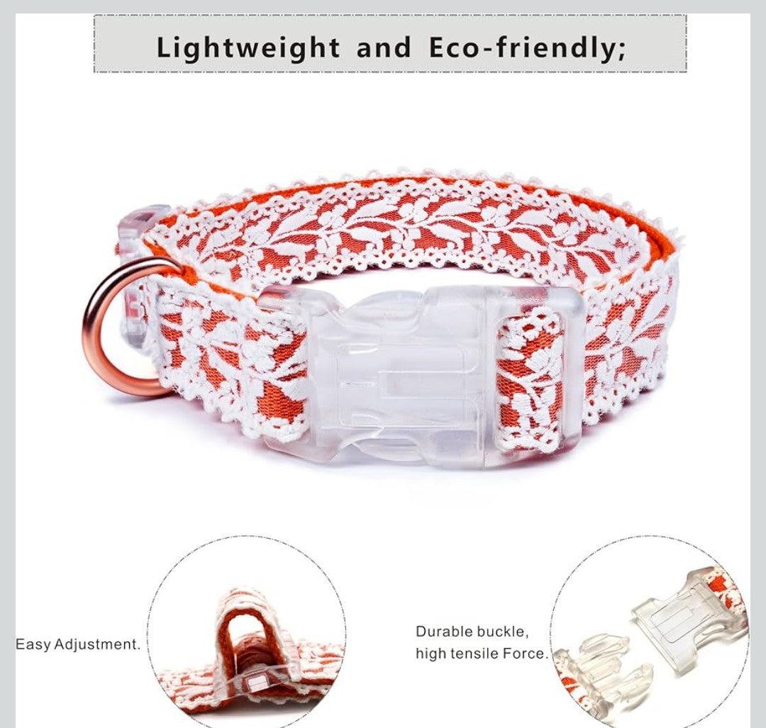 Dog Collar and Leash Set, Cotton Lace Handmade 4-5 FT Adjustable Comfortable Unique Collars for Small Medium Large Dogs 1pcs-Orange-Collar(Width:1")