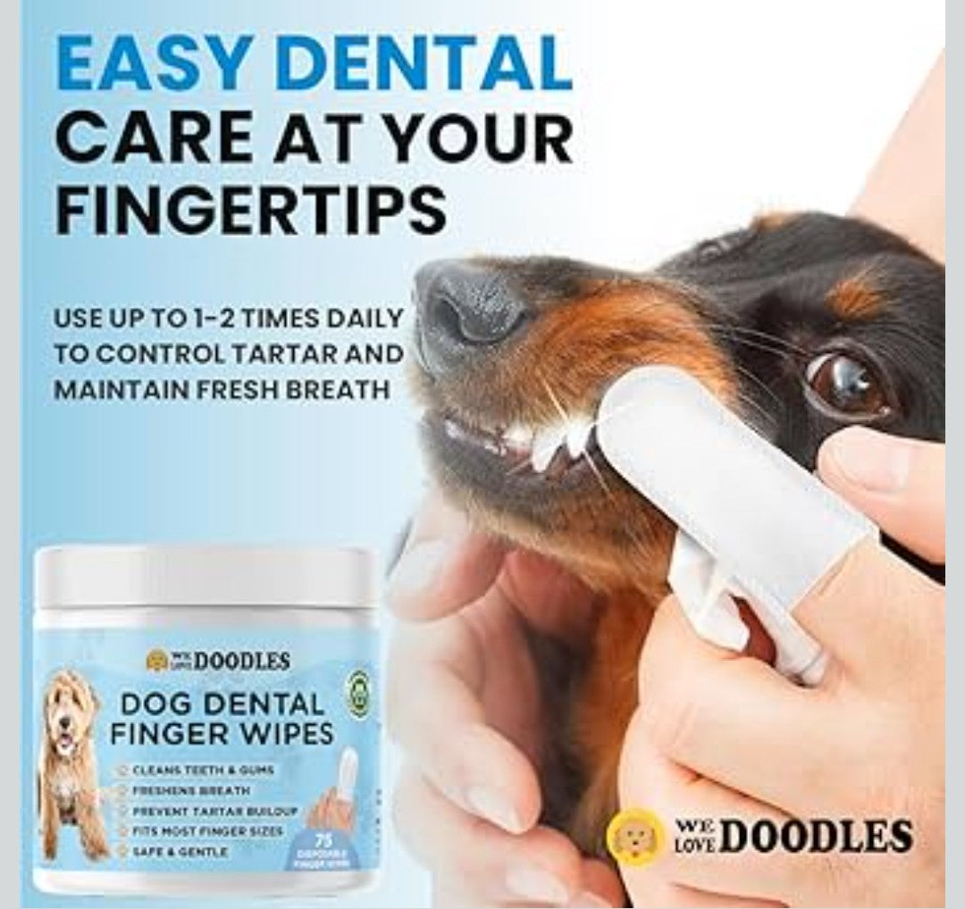 We Love Doodles Dog Teeth Cleaning Wipes - Pet Dental Finger Wipes for Dogs - Cleans Teeth and Gums, Freshens Breath Dog Dental Wipes, Prevents Tartar Buildup, Fits Most Finger Sizes (75 Wipes)