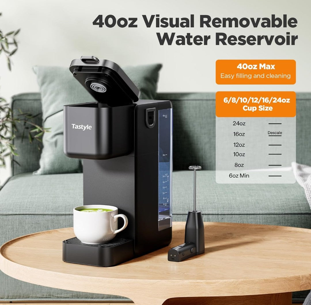Single Serve Coffee Maker with Built-in Detachable Milk Frother, Iced and Hot Coffee Machine for K Cup & Grounds, 40oz Removable Water Reservoir, 6 Cup Sizes, Fits 7.3" Travel Mug, Black