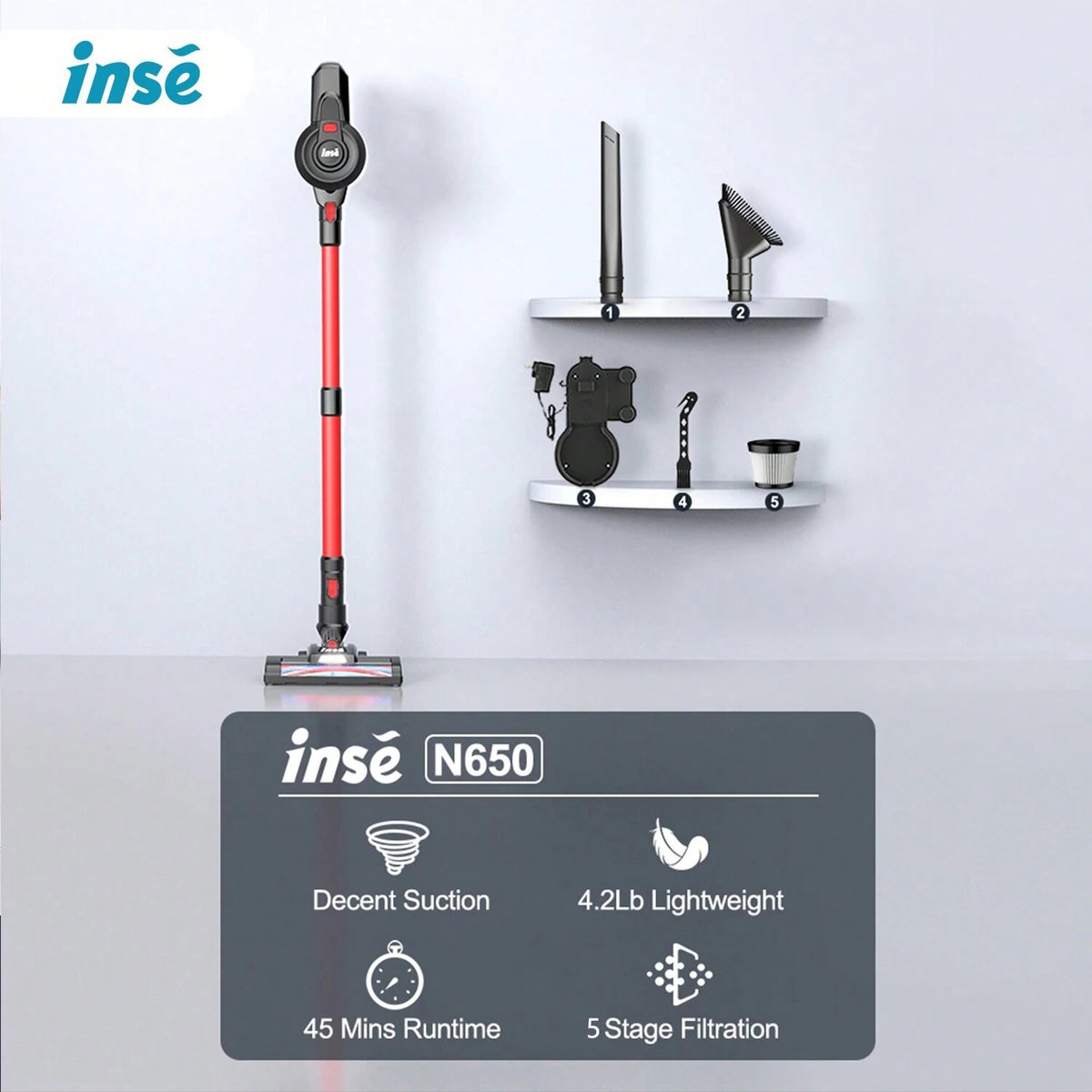 INSE N650 Cordless Stick Vacuum, Red