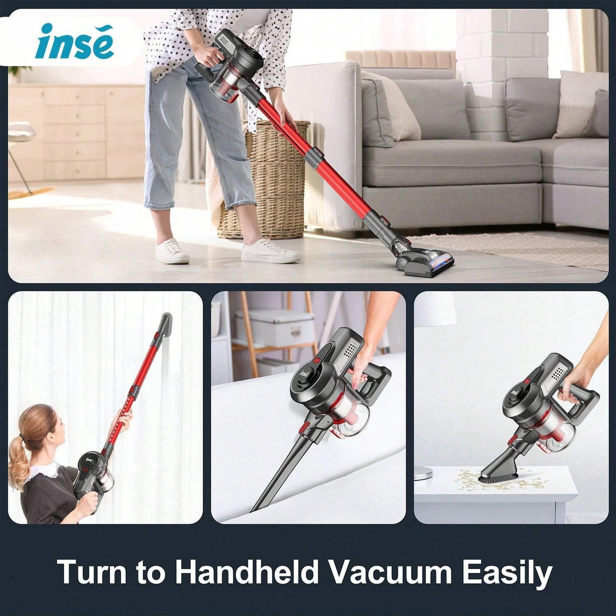 INSE N650 Cordless Stick Vacuum, Red