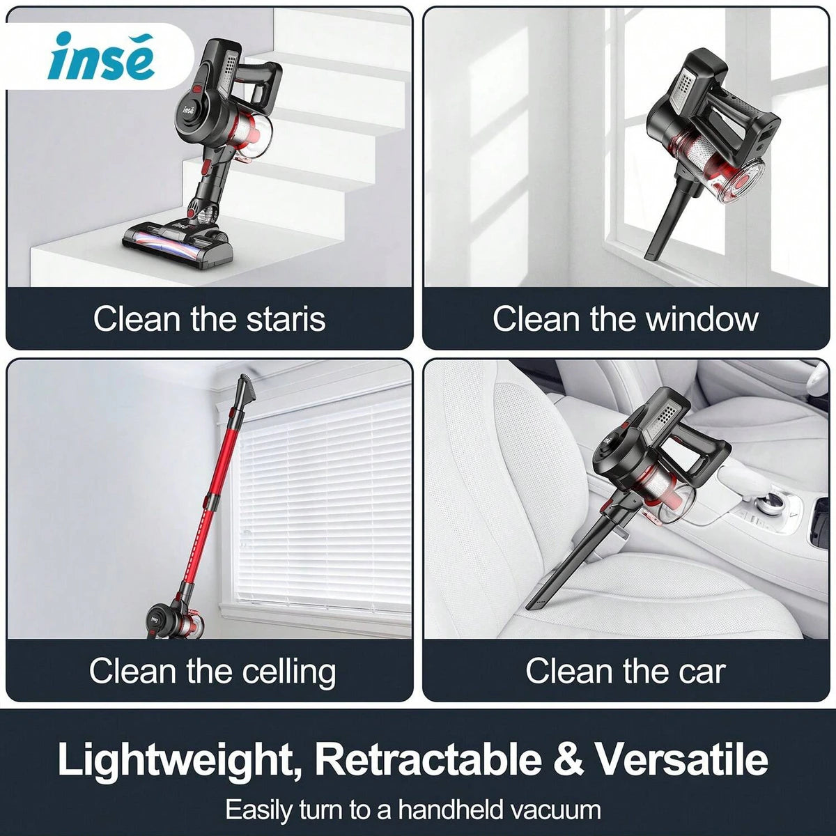 INSE N650 Cordless Stick Vacuum, Red