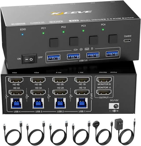 KVM Switch 4 Computer 2 Monitors, 8K@60Hz, 4K@144Hz USB 3.0 HDMI KVM-Umsc