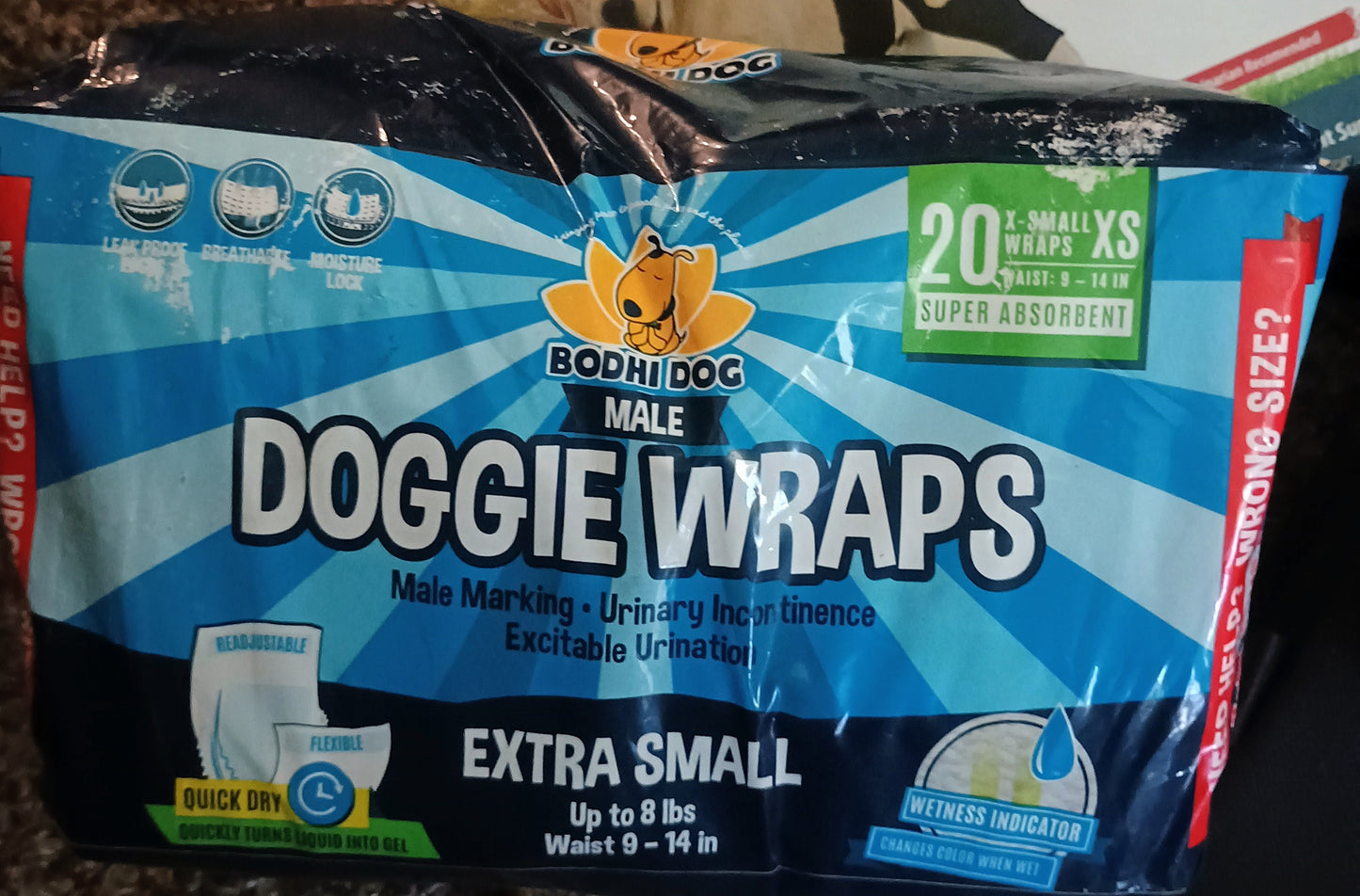 Bodhi Dog Disposable Male Dog Diapers - Super Absorbent, Leak-Proof Pee Wraps - Adjustable Fit, Comfortable Design, Advanced Moisture Control, and Wetness Indicator - Extra Small (20 Count)