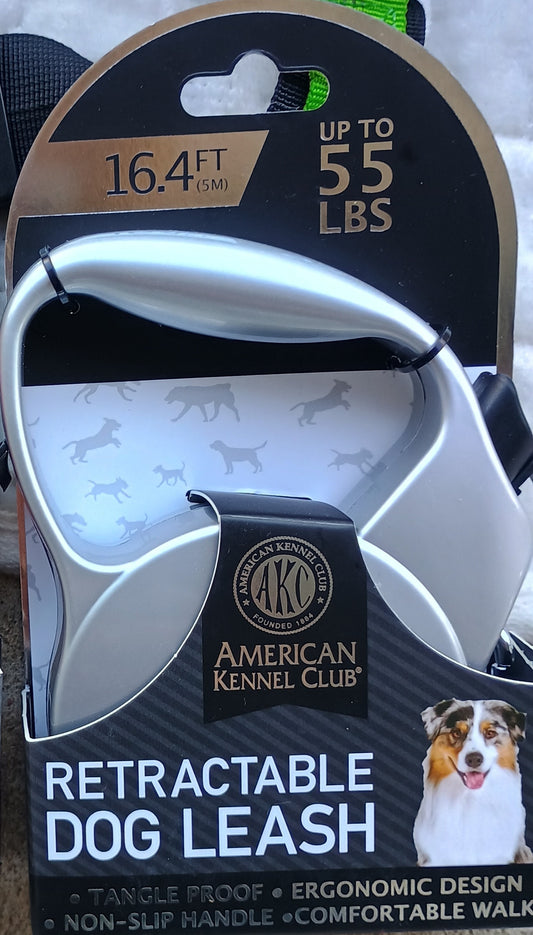 Retractable Dog Leash American Kennel Club 16.4 FT  Up to 55 LBS Silver