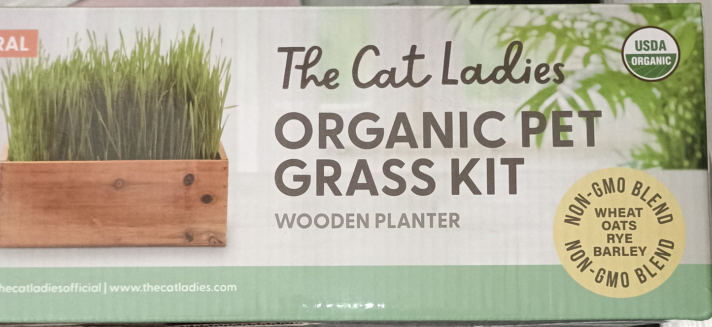 The Cat Ladies Cat Grass Kit with Rustic Wood Planter, Seed and Soil. Easy to Grow for Indoor or Outdoor Cats, Dogs and Other Pets. Prevent Hairballs and Aid Digestion