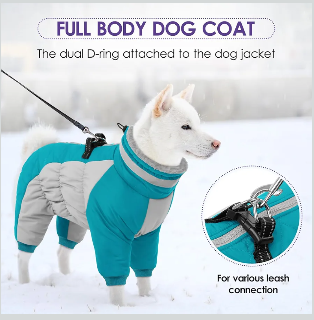 SUNFURA Full Body Dog Coat - Warm Fleece Jacket for Small Dogs, Turtleneck Winter Coats with Harness, Reflective Dog Snowsuit Windproof Puffer Jackets with Legs for Chihuahua, Yorkie, Turquoise XS