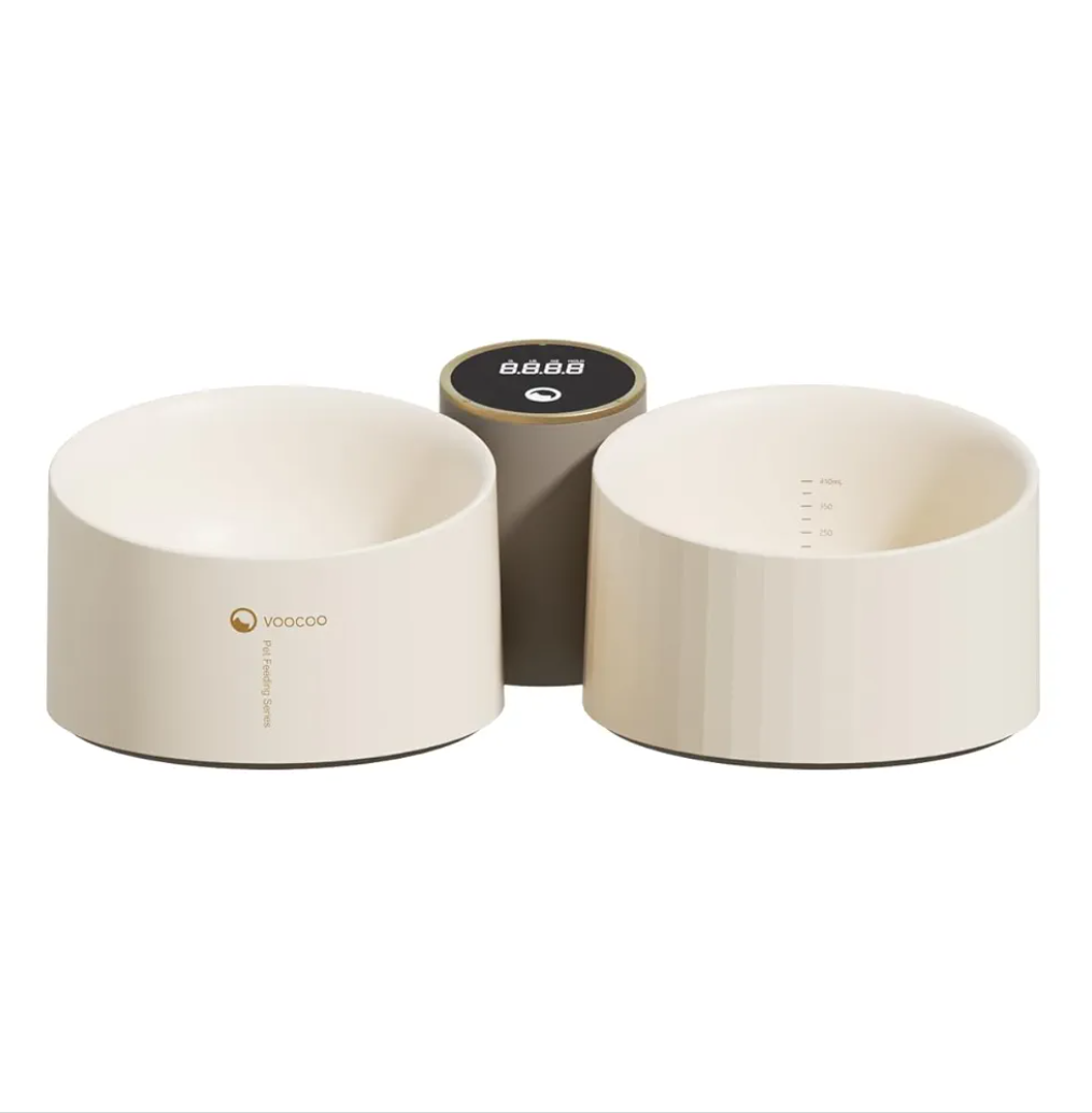 VOOCOO Smart Raised Dog Cat Food Bowl, Elevated Pet Food and Water Bowl Dishes with Built-in Digital Scale and Water Level Line, Battery-Powered, LED touch screen, Non-Slip, 10° Tilted Bowl with Stand