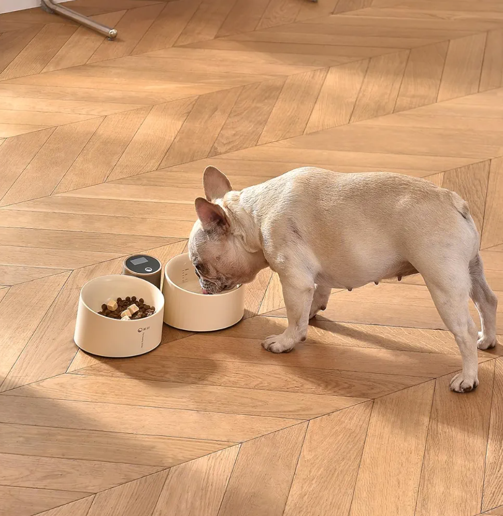 VOOCOO Smart Raised Dog Cat Food Bowl, Elevated Pet Food and Water Bowl Dishes with Built-in Digital Scale and Water Level Line, Battery-Powered, LED touch screen, Non-Slip, 10° Tilted Bowl with Stand