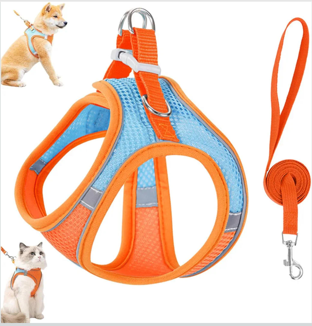 Stimulicat Cat/Dog Harness, Adjustable Cat Harness and Leash Set–Escape Proof Soft Mesh Vest, with Reflective Safety Strips, for Cats and Dogs (Orange Blue,L)