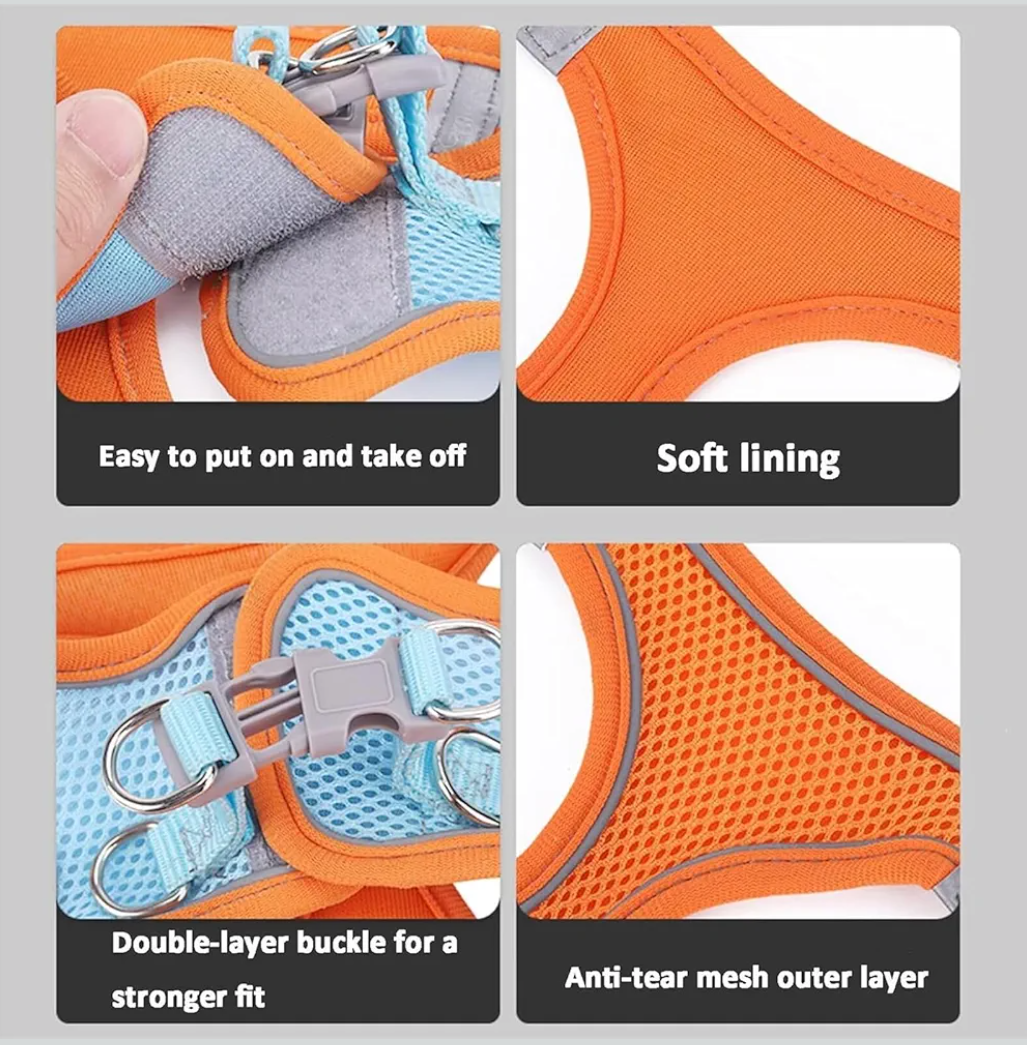 Stimulicat Cat/Dog Harness, Adjustable Cat Harness and Leash Set–Escape Proof Soft Mesh Vest, with Reflective Safety Strips, for Cats and Dogs (Orange Blue,L)