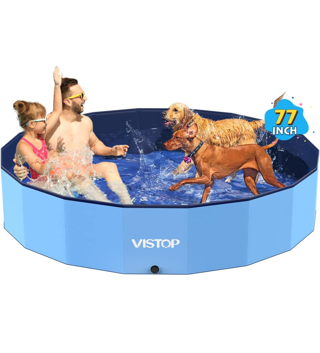 VISTOP Jumbo Foldable Dog Pool, Hard Plastic Shell Portable Swimming Pool for Dogs Cats and Kids Pet Puppy Bathing Tub Collapsible Kiddie Pool (77inch.D x 15.7inch.H, Blue)