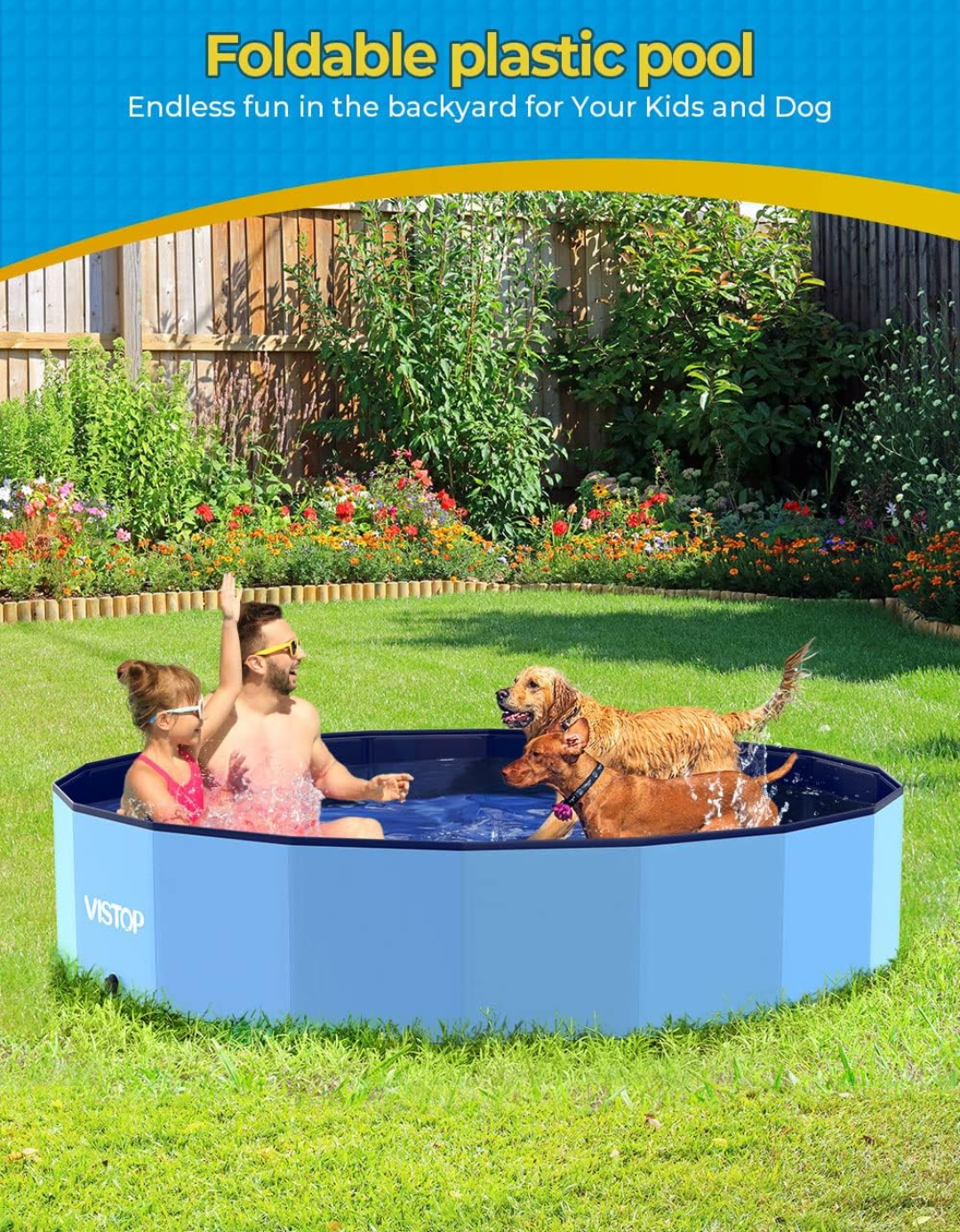 VISTOP Jumbo Foldable Dog Pool, Hard Plastic Shell Portable Swimming Pool for Dogs Cats and Kids Pet Puppy Bathing Tub Collapsible Kiddie Pool (77inch.D x 15.7inch.H, Blue)