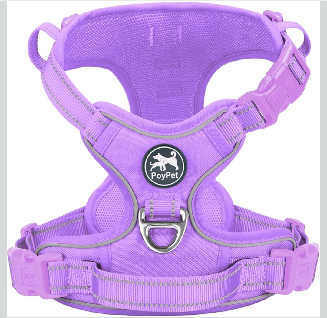 PoyPet No Pull Dog Harness, No Choke Reflective Dog Vest, Adjustable Pet Harnesses with Easy Control Padded Handle for Small Medium Large Dogs(Light Purple Matching Trim,XL)