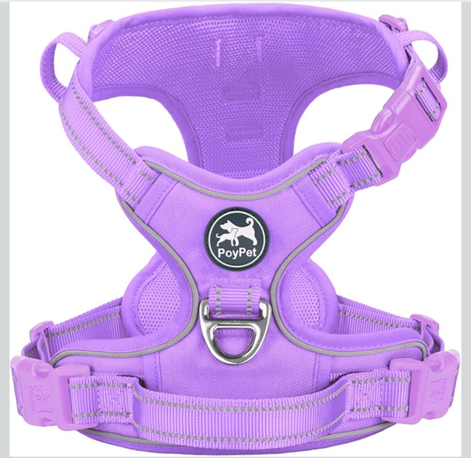 PoyPet No Pull Dog Harness, No Choke Reflective Dog Vest, Adjustable Pet Harnesses with Easy Control Padded Handle for Small Medium Large Dogs(Light Purple Matching Trim,XL)
