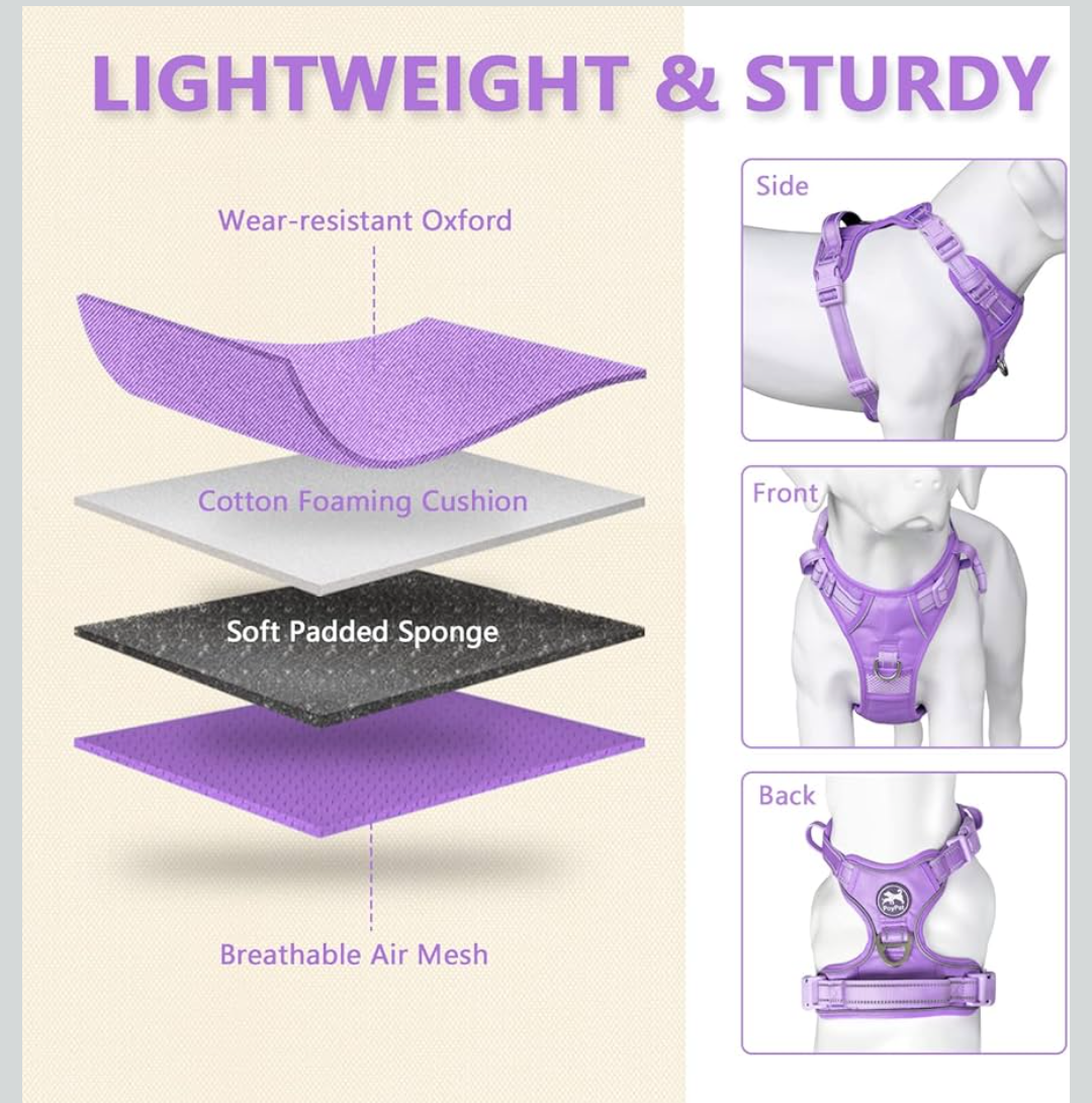 PoyPet No Pull Dog Harness, No Choke Reflective Dog Vest, Adjustable Pet Harnesses with Easy Control Padded Handle for Small Medium Large Dogs(Light Purple Matching Trim,XL)