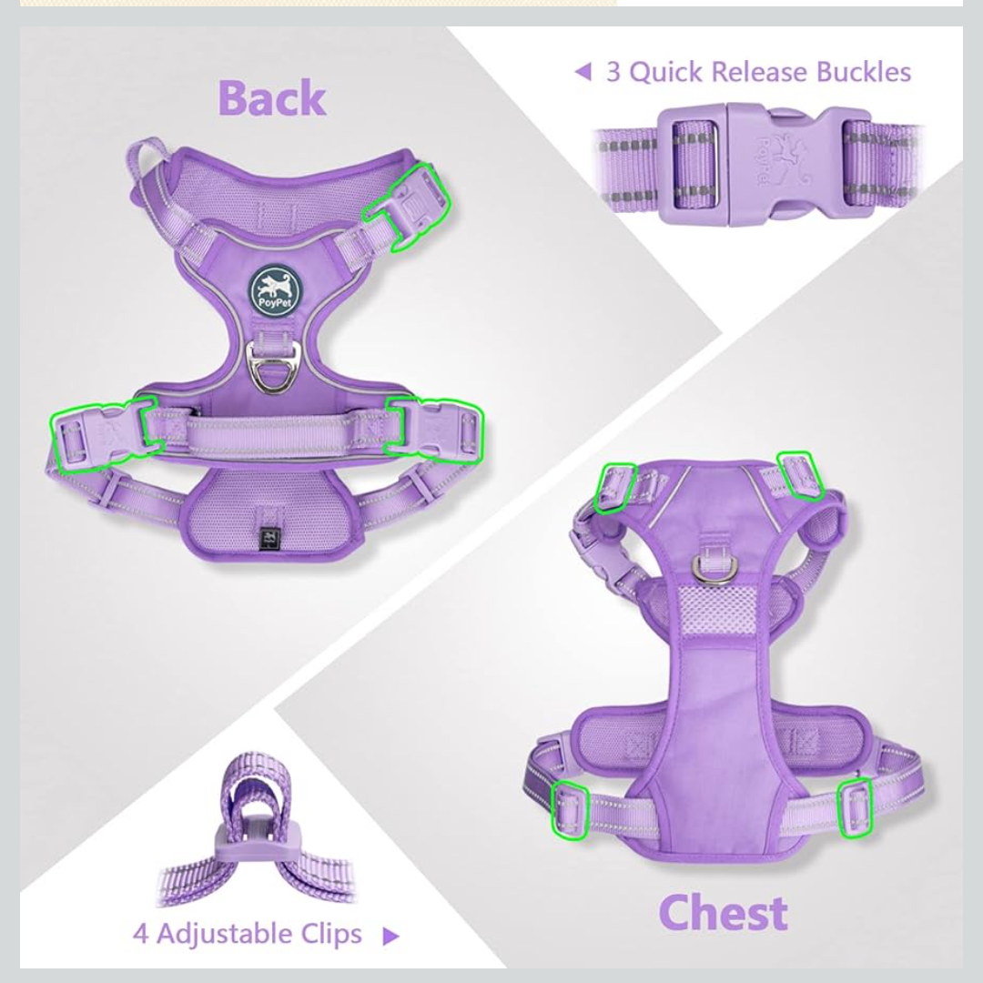 PoyPet No Pull Dog Harness, No Choke Reflective Dog Vest, Adjustable Pet Harnesses with Easy Control Padded Handle for Small Medium Large Dogs(Light Purple Matching Trim,XL)