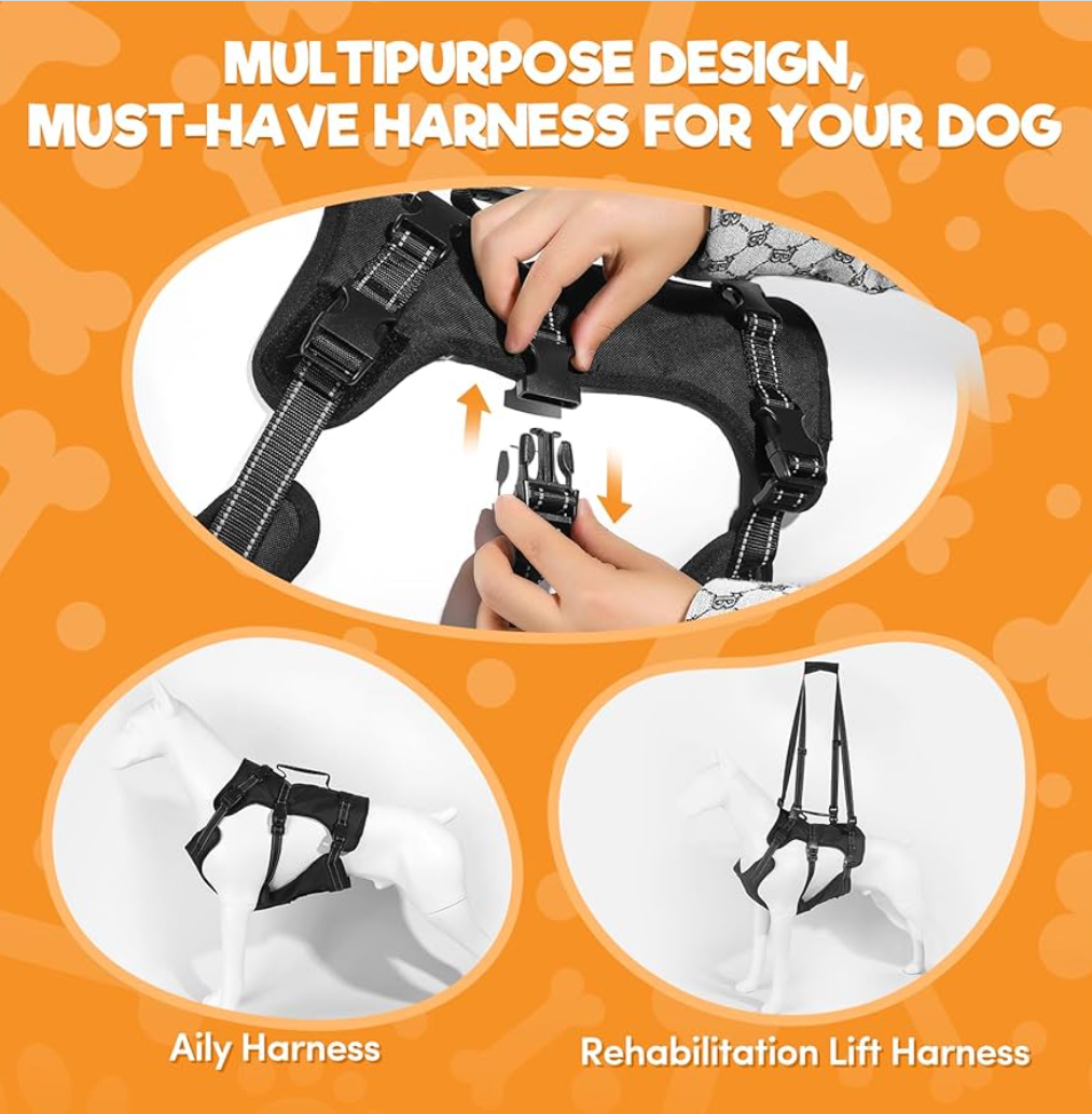 BENCMATE Dog Harness, Multipurpose Designed with Side-lift Carrier, Reflective Strips, for Large Dogs (Black)