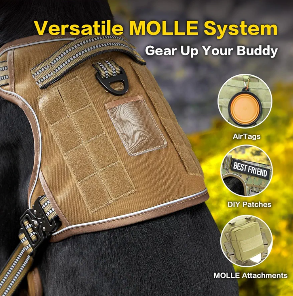 No Pull Dog Harness for Medium Sized Dog, Heavy Duty Tactical Adjustable Pet Harness, Voyager Service Walking Vest Harness with Easy Control Handle Reflective Strip (Sandstone, L))