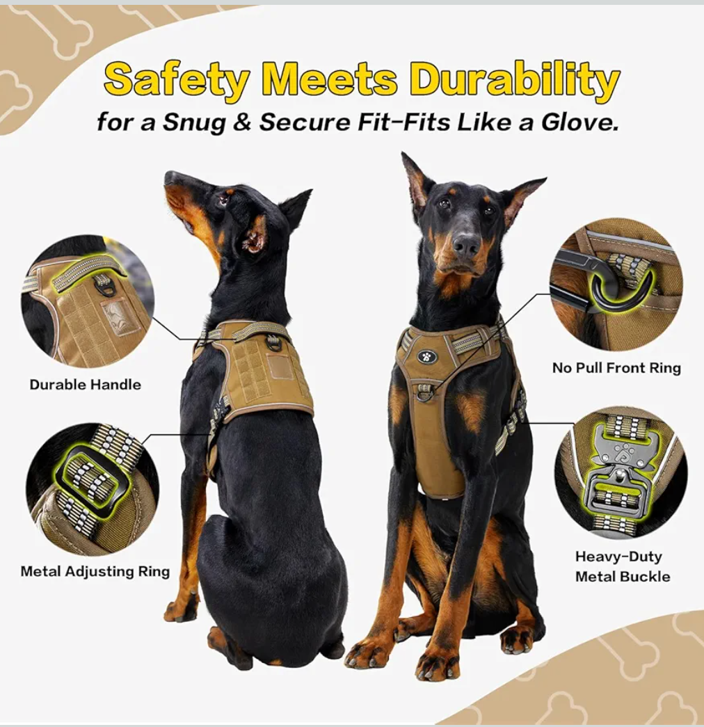 No Pull Dog Harness for Medium Sized Dog, Heavy Duty Tactical Adjustable Pet Harness, Voyager Service Walking Vest Harness with Easy Control Handle Reflective Strip (Sandstone, L))