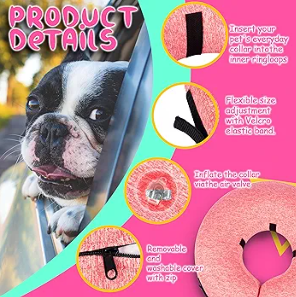 Big Hippo Inflatable Dog Collar, Protective Dog Neck Donut Collar Soft Pet Recovery Collar for Dogs and Cats After Surgery (Pink, Medium)