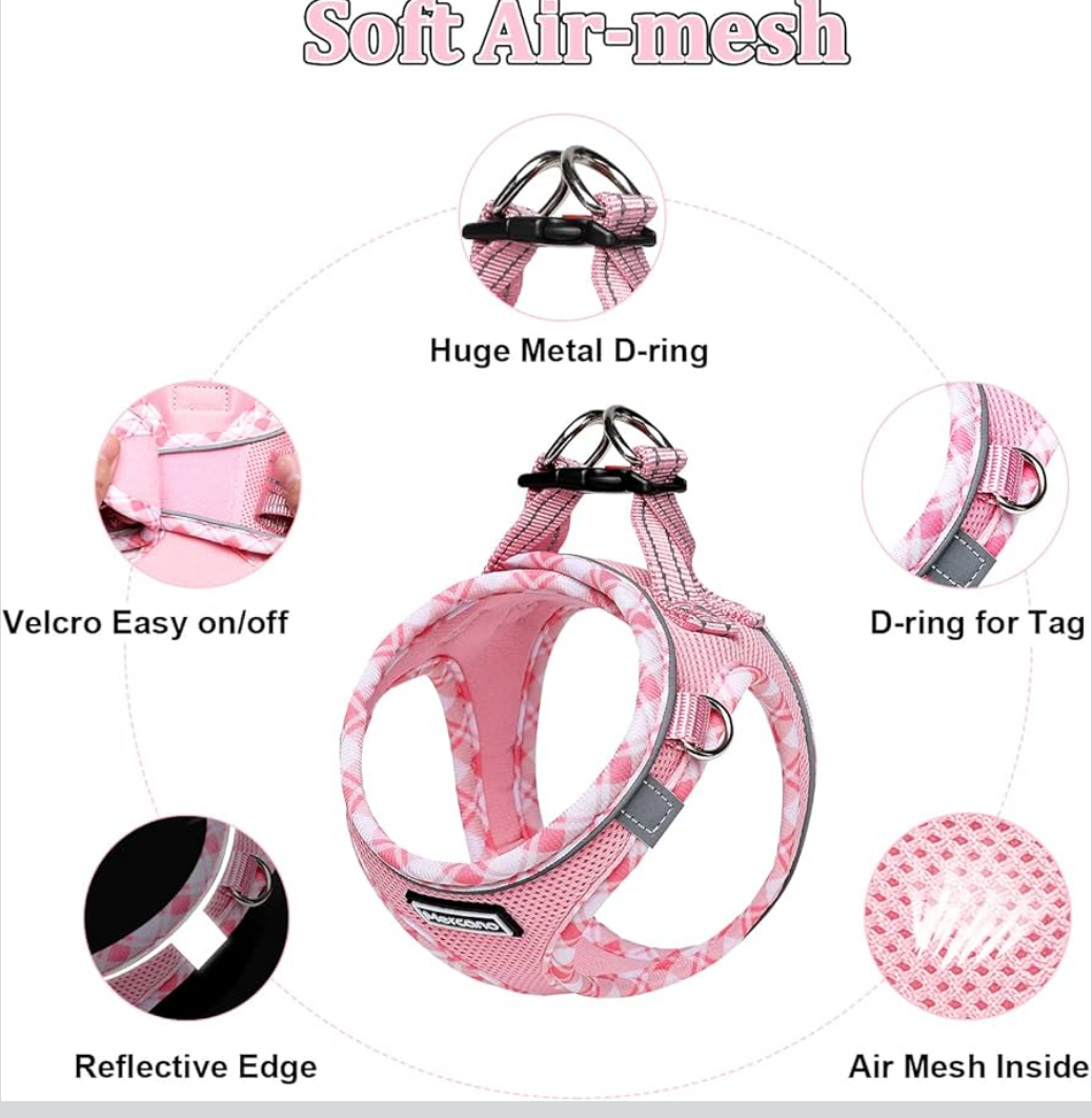 Mercano Soft Mesh Dog Harness, No-Chock Step-in Reflective Breathable Lightweight Easy Walk Vest Harnesses with Safety Buckle for Small Dogs, Cats (Pink, L)