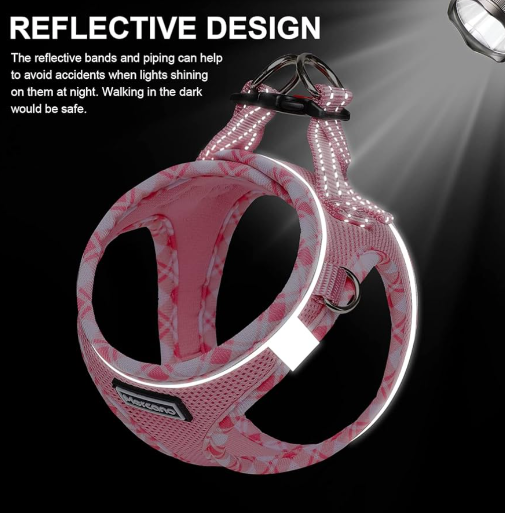 Mercano Soft Mesh Dog Harness, No-Chock Step-in Reflective Breathable Lightweight Easy Walk Vest Harnesses with Safety Buckle for Small Dogs, Cats (Pink, L)