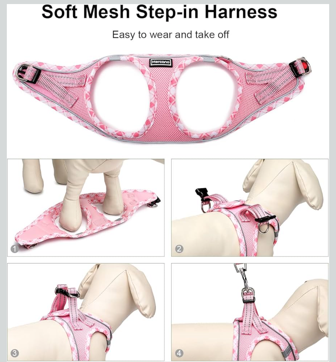 Mercano Soft Mesh Dog Harness, No-Chock Step-in Reflective Breathable Lightweight Easy Walk Vest Harnesses with Safety Buckle for Small Dogs, Cats (Pink, L)