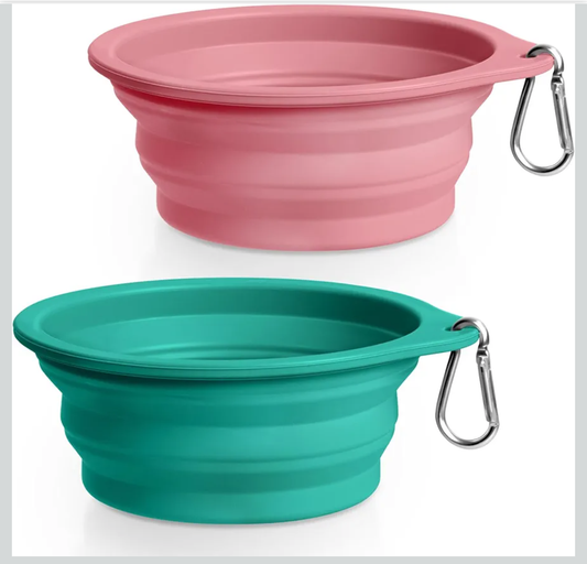 Rest-Eazzzy 2-Pack Silicone Collapsible Dog Bowls, BPA Free Dishwasher Safe, Portable Foldable Travel Bowl, Food Water Feeding Cup Dish for Dogs Cats with 2 Carabiners (Green, Pink, 550 ML)