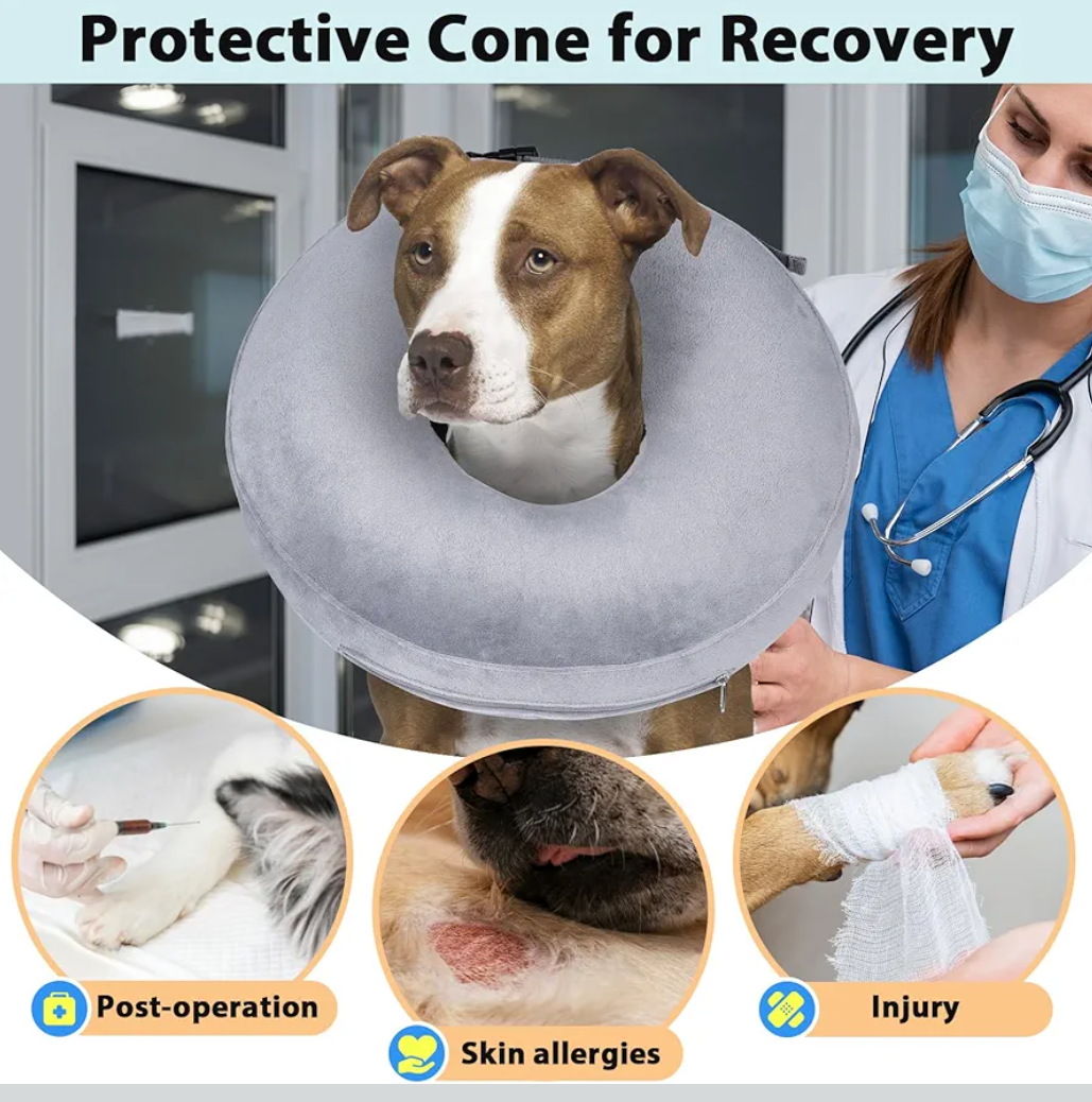 Crazy Felix Dog Donut Pillow Cone Collar Alternative After Surgery Soft Cone to Stop Licking Inflatable Dog Head Collar for Small Medium Dogs Bulldog Pug
