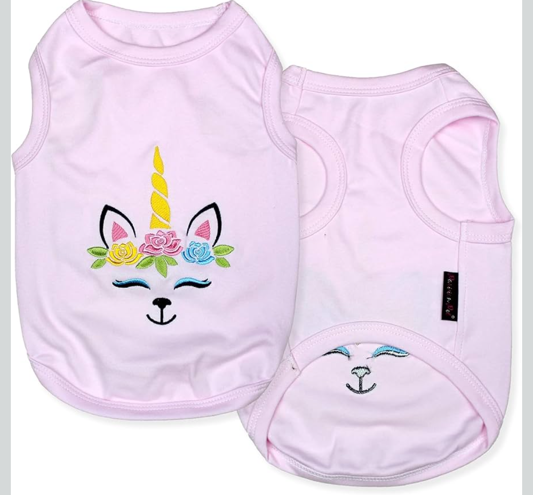 Parisian Pet Dog Tshirt - Embroidered Unicorn Dog Shirt - 100% Cotton, Lightweight Dog Clothes Female - Sleeveless Pink Dog Tee Shirts -  L