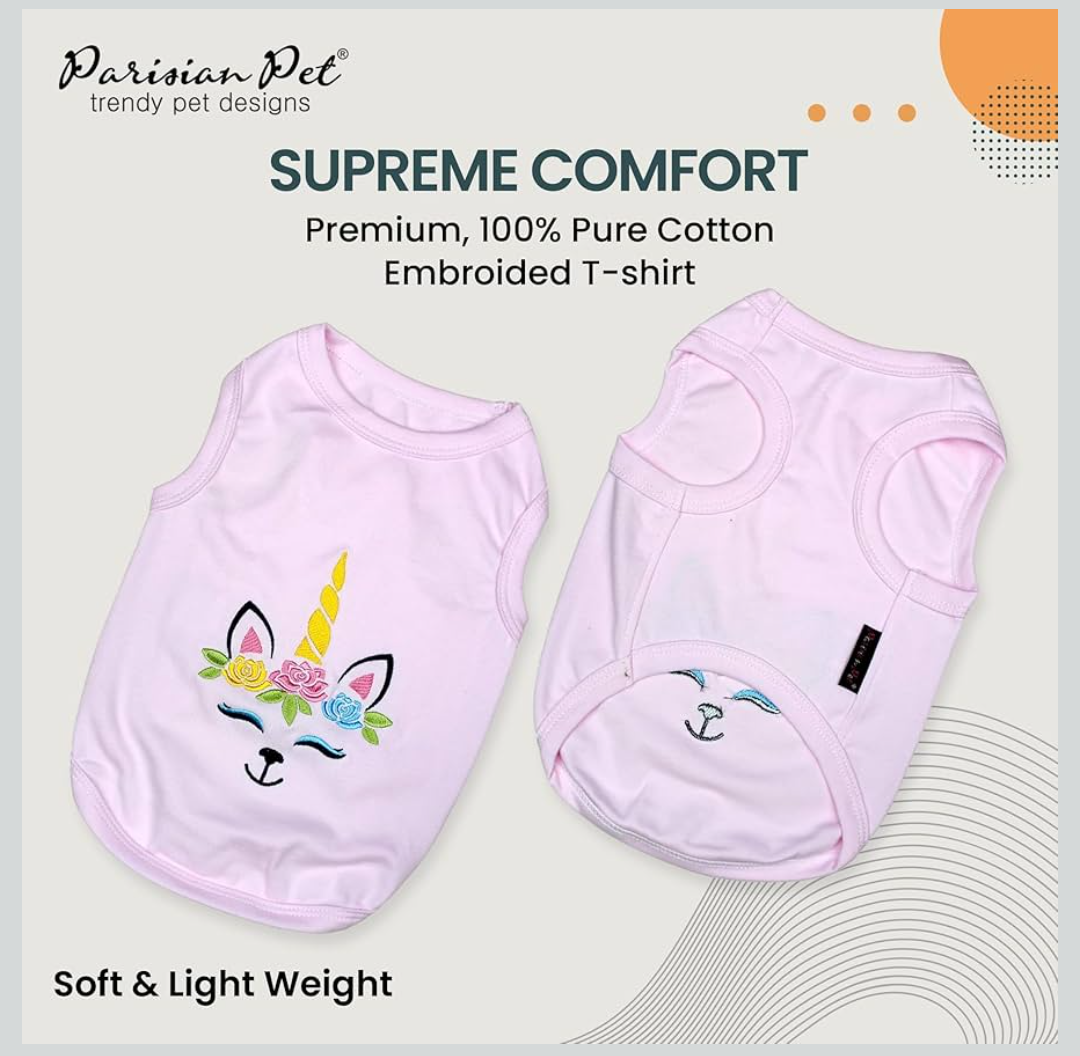 Parisian Pet Dog Tshirt - Embroidered Unicorn Dog Shirt - 100% Cotton, Lightweight Dog Clothes Female - Sleeveless Pink Dog Tee Shirts -  L