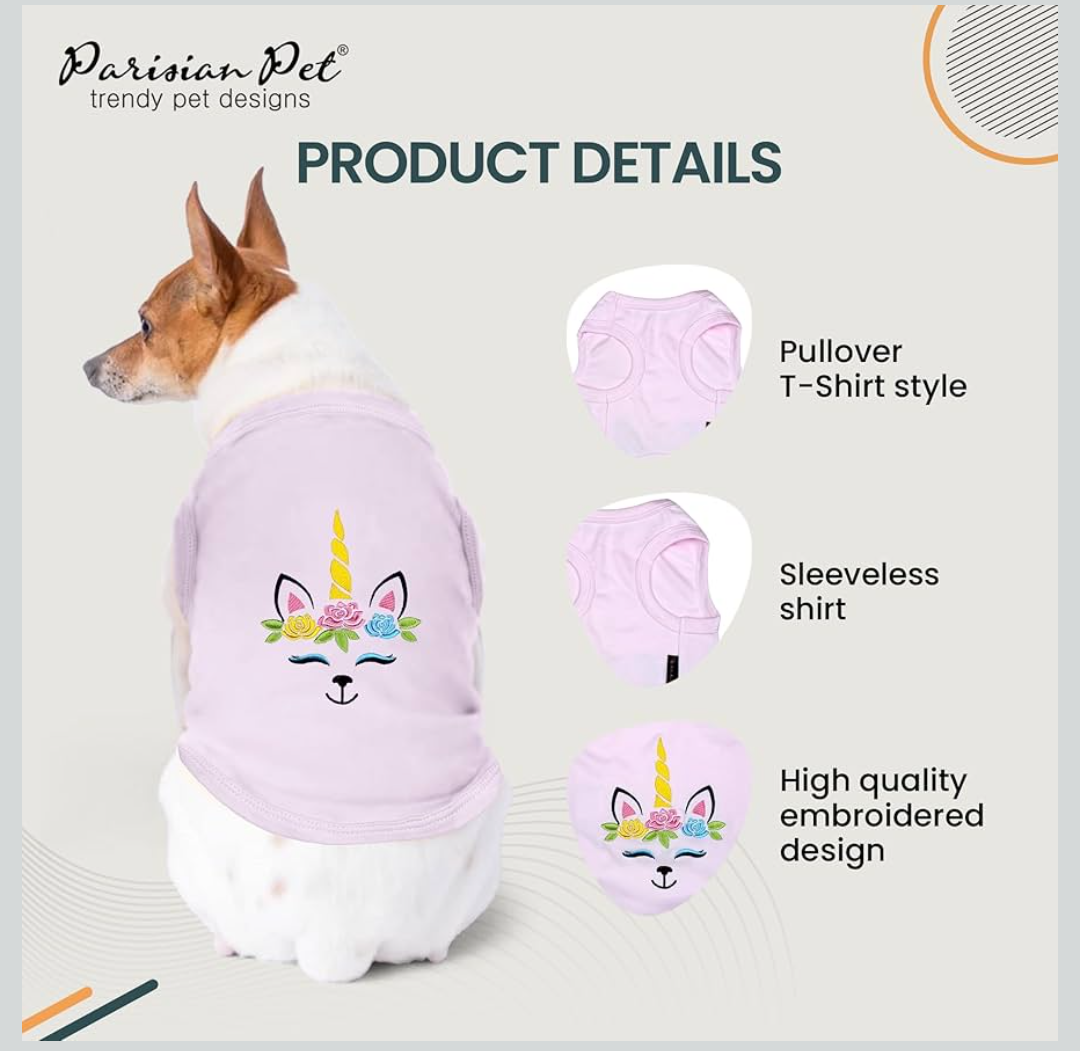 Parisian Pet Dog Tshirt - Embroidered Unicorn Dog Shirt - 100% Cotton, Lightweight Dog Clothes Female - Sleeveless Pink Dog Tee Shirts -  L