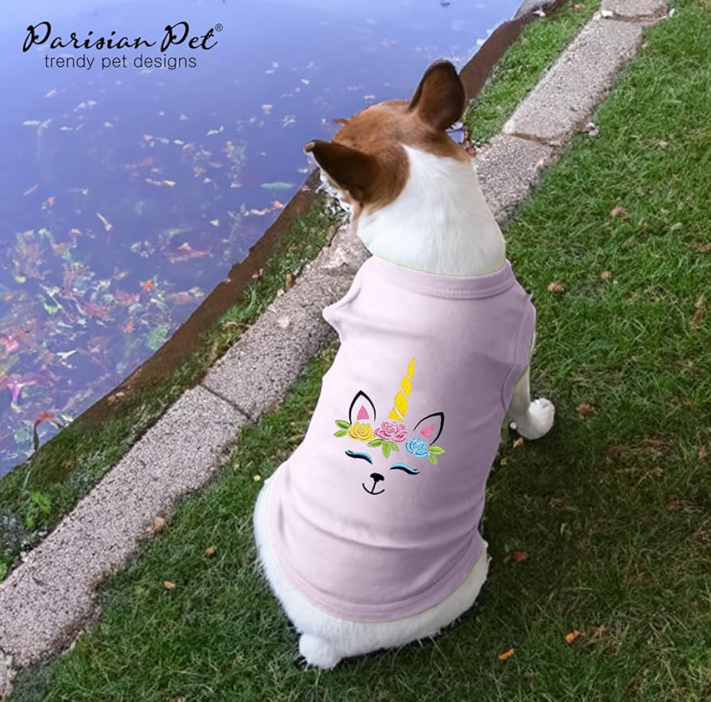 Parisian Pet Dog Tshirt - Embroidered Unicorn Dog Shirt - 100% Cotton, Lightweight Dog Clothes Female - Sleeveless Pink Dog Tee Shirts -  L