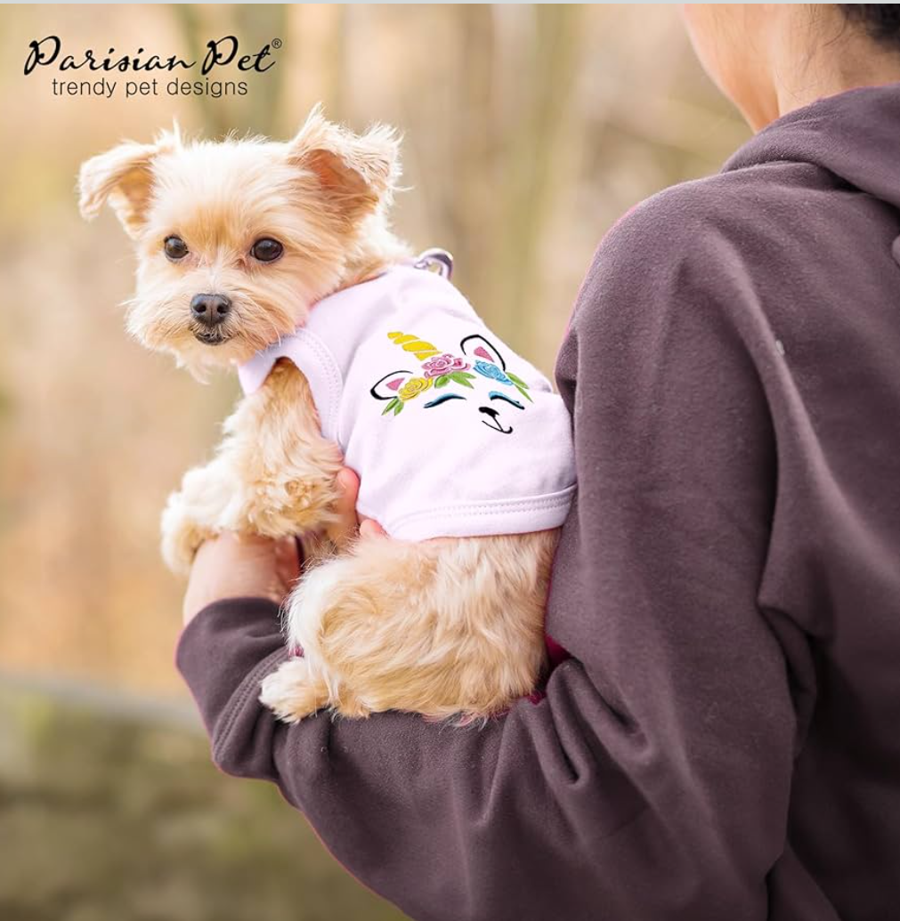 Parisian Pet Dog Tshirt - Embroidered Unicorn Dog Shirt - 100% Cotton, Lightweight Dog Clothes Female - Sleeveless Pink Dog Tee Shirts -  L