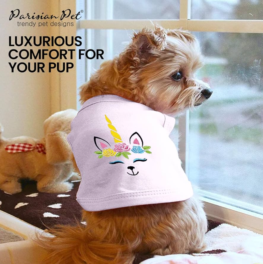 Parisian Pet Dog Tshirt - Embroidered Unicorn Dog Shirt - 100% Cotton, Lightweight Dog Clothes Female - Sleeveless Pink Dog Tee Shirts -  L
