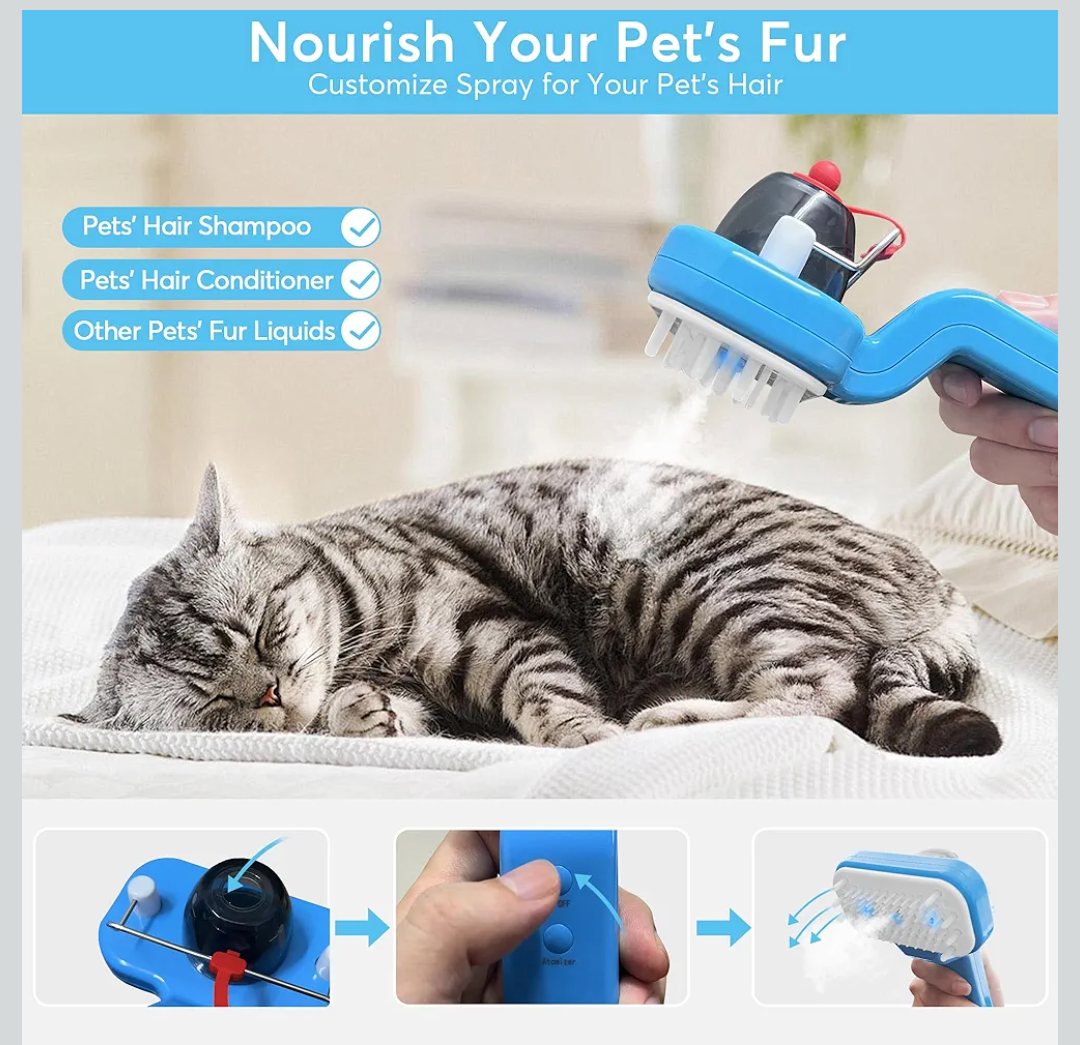 Pet Grooming Comb by DEALGO, Cat Brush, Dog Brush, Humidified & Massaging & Detangling, One-button Remove Hair, Non-Slip Handle, Rechargeable, For Cats & Dogs (Blue, Regular)