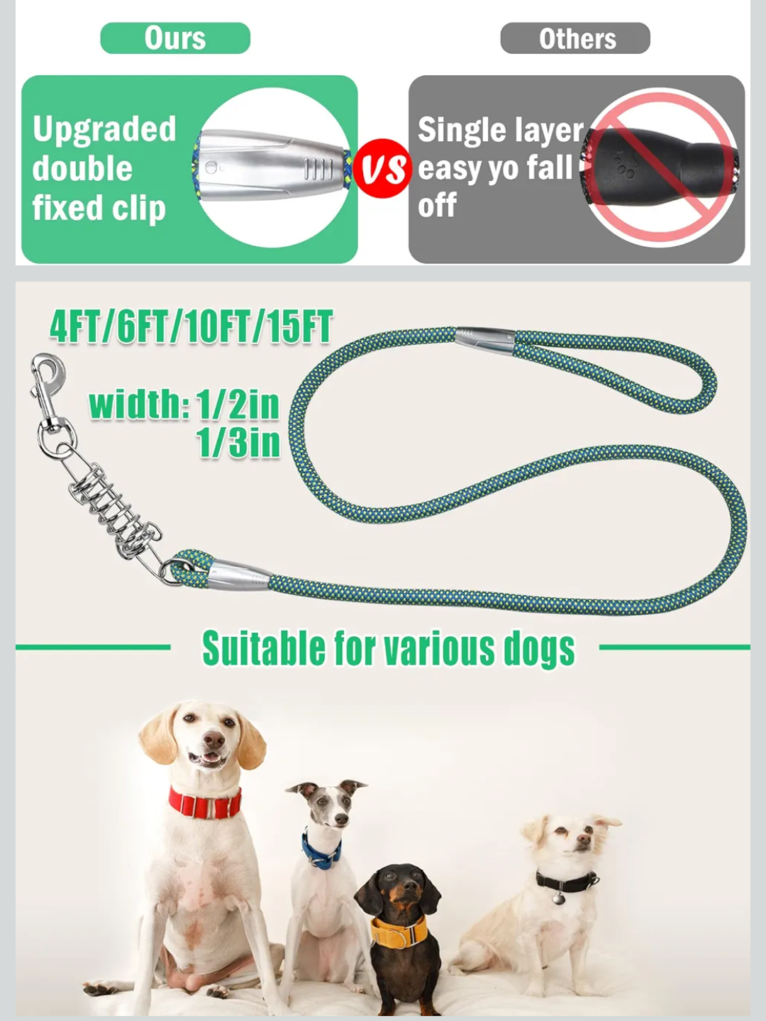 NAZOU 1/3 in Dog Leash for Small Medium Dogs 4ft 6ft 10ft 15ft Heavy Duty Dog Leash Two Color Slip Leash for Dog Training Long Leash for Dogs Outside Up to 90LBS